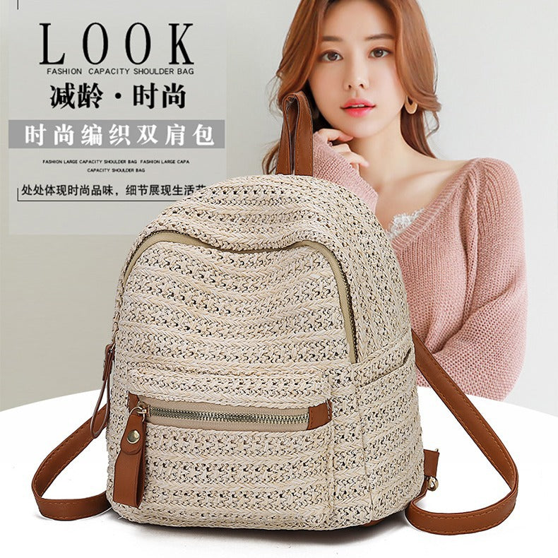 Straw Backpack Leisure Women Mini Shoulder Bag Hollow Beach Schoolbag Small Travel Bag for Girl, Green